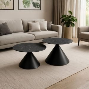 Set 2 tavolini da salotto basso Punto con piano effetto marmo nero e gambe in metallo nero