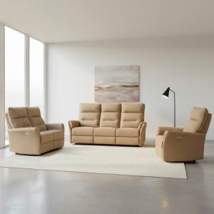 Set divani Softwave 2 e 3 posti e poltrona con recliner elettrici in tessuto G270 Camel