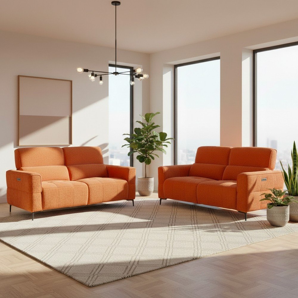 Set divani recliner Luxora 2 e 3 posti elettrici in tessuto E006 aragosta