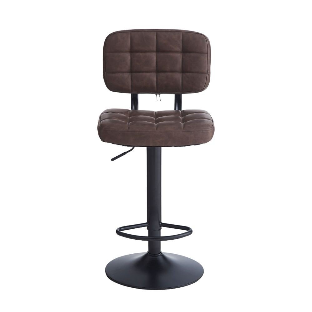 Sgabello Mavi con seduta e schienale in ecopelle brown e gamba in metallo nero