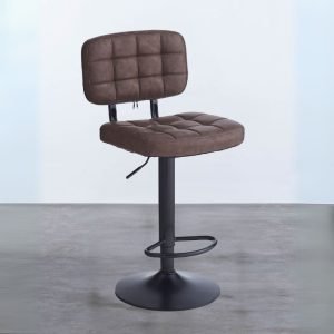 Sgabello Mavi con seduta e schienale in ecopelle brown e gamba in metallo nero