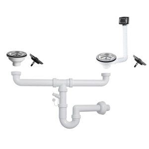 Sifone a 2 vie per lavelli in quarzo con pilettone eco e troppopieno rettangolare con griglia inox