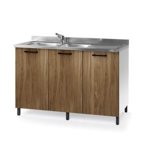 Sottolavello reversibile120x50x85H cm con struttura bianca e 3 ante noce naturale lavello incluso