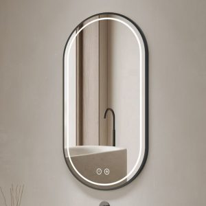 Specchio smart ovale YJ-2004BL con cornice nera in acciaio inox satinato 90x60 cm.