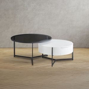 Tavolino da salotto Velvi con doppio piano e cassetto in colore bianco e nero