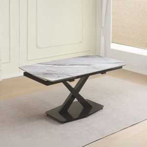 Tavolo Moritz con piano in ceramica effetto marmo bianco M325 lucido e gambe in metallo nero