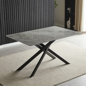 Tavolo Pacific con piano in ceramica effetto marmo grigio lucido e gambe nere