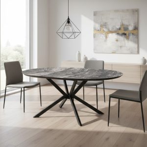 Tavolo allungabile Dobok con allunga 34 cm colore piano effetto marmo nero arabesque lucido e gambe in metallo nero