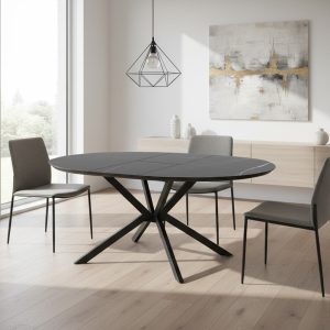 Tavolo allungabile Dobok con allunga 34 cm con piano effetto marmo nero con dettagli oro lucido e gambe in metallo nero