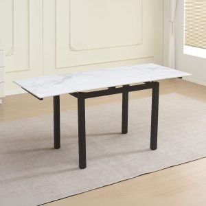 Tavolo allungabile Kyoto con piano in ceramica effetto marmo bianco lucido e struttura in metallo nero