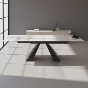 Tavolo allungabile Monza con top in ceramica effetto marmo bianco frost e gambe nere