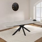Tavolo allungabile Opera in piano lagina effetto marmo grigio opaco e struttura in metallo nero