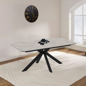 Tavolo allungabile Opera in piano lagina effetto marmo grigio opaco e struttura in metallo nero