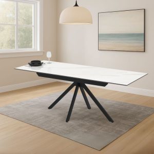 Tavolo allungabile Perla con piano in ceramica effetto marmo bianco e gambe in metallo nero