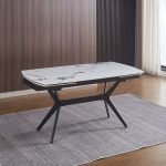 Tavolo allungabile Riley con piano in ceramica effetto marmo bianco lucido