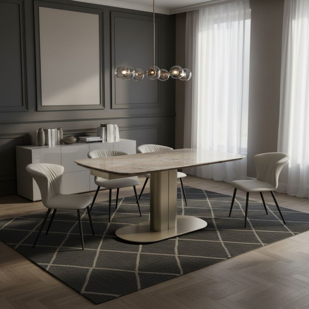 Tavolo allungabile Vesta con top in ceramica colore marrone atene lucido e gambe dorate