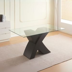 Tavolo fisso Duncan con piano in vetro e gambe incrociate effetto legno nero WD01