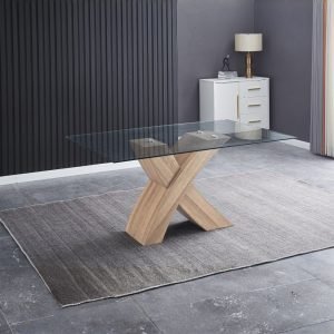 Tavolo fisso Duncan con piano in vetro e gambe incrociate rovere WD03