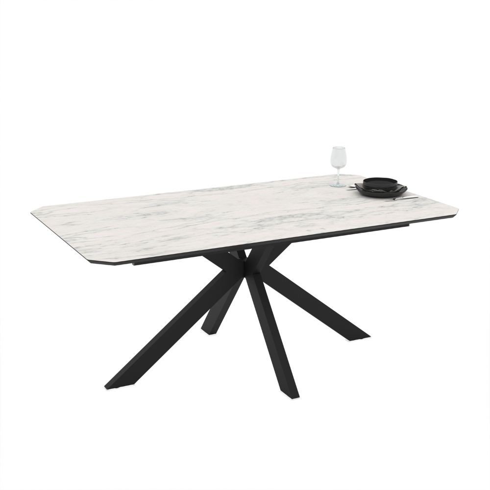 Tavolo fisso Opera con piano effetto marmo bianco opaco e struttura in metallo nero