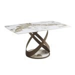 Tavolo fisso Velika con piano in ceramica effetto marmo bianco lucido e gambe in metallo effetto intrecciato