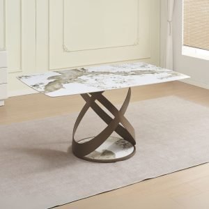 Tavolo fisso Velika con piano in ceramica effetto marmo bianco lucido e gambe in metallo effetto intrecciato