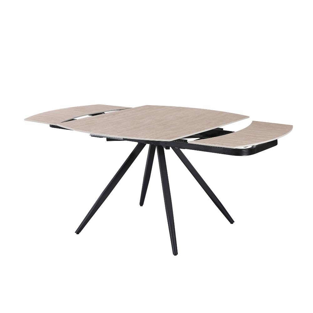 Tavolo girevole allungabile Kitti con piano in ceramica effetto marmo travertino e gambe in metallo nero