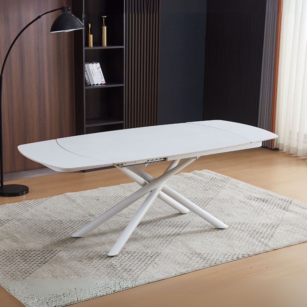 Tavolo girevole automatico allungabile Astrid con piano in ceramica bianco opaco con gambe colore bianco