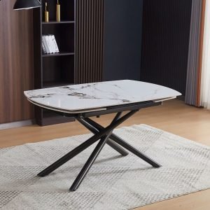 Tavolo girevole automatico allungabile Astrid con piano in ceramica effetto marmo bianco M 322 lucido con gambe colore nero