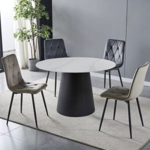 Tavolo rotondo Lauren in ceramica effetto marmo colore bianco lucido e base metallo nera