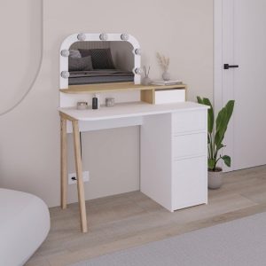 Toeletta Avien con specchio con cornice luci LED colore bianco e rovere