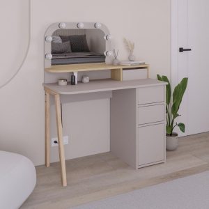 Toeletta Avien con specchio con cornice luci LED colore tortora e rovere