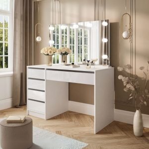 Toeletta Elite 5 cassetti con specchio con lampadine LED colore bianco