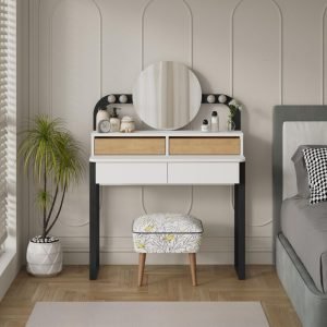 Toeletta Lora con 4 cassetti luci a LED e specchio colore bianco e rovere