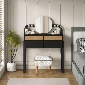 Toeletta Lora con 4 cassetti luci a LED e specchio colore nero e rovere