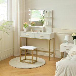 Toeletta Lunar con sgabello e specchio con LED colore bianco e struttura oro