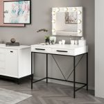 Toeletta da trucco Sane con 2 cassetti bianco con piedi neri e specchio con luci LED lampadine escluse