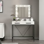 Toeletta da trucco Sane con 2 cassetti bianco con piedi neri e specchio con luci LED lampadine escluse