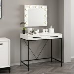 Toeletta da trucco Sane con 2 cassetti bianco con piedi neri e specchio con luci LED lampadine escluse