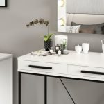 Toeletta da trucco Sane con 2 cassetti bianco con piedi neri e specchio con luci LED lampadine escluse
