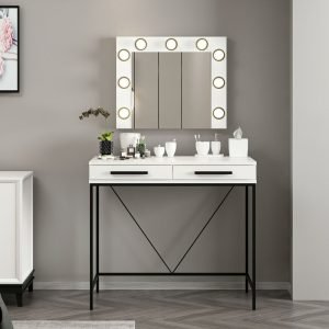 Toeletta da trucco Sane con 2 cassetti bianco con piedi neri e specchio con luci LED lampadine escluse