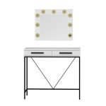 Toeletta da trucco Sane con 2 cassetti bianco con piedi neri e specchio con luci LED lampadine escluse