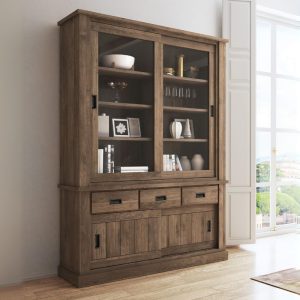 Vetrina Anthony III con 2 ante vetro e 3 cassetti colore noce eastwood stile shabby