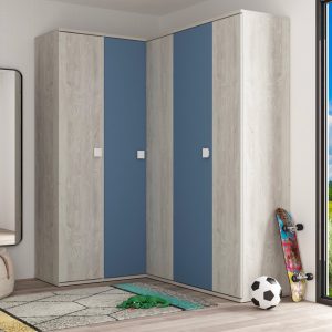 Armadio ad angolo 5 ante in colore bianco consumato e celeste