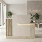 Bancone Reception Dayana 150 cm. in colore cashmere e travertino con illuminazione LED
