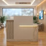 Bancone Reception Dayana 150 cm. in colore cashmere e travertino con illuminazione LED