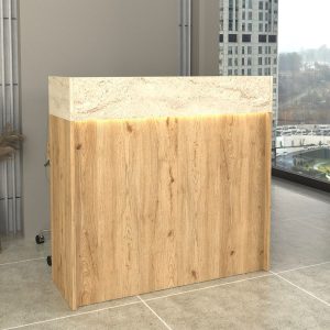 Bancone Reception Wilko 110 cm. in colore rovere e dettaglio travertino con illuminazione LED