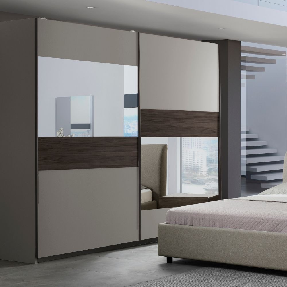 Camera da letto Kendra con letto contenitore imbottito e armadio 2 ante scorrevoli con specchi colore tortora noce