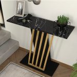Consolle Gravity con piano effetto marmo nero e struttura nera con dettaglio gamba oro