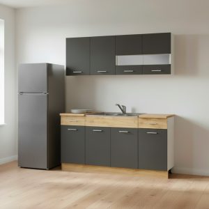 Cucina monoblocco 160 cm Erika in colore grigio matera e rovere con fianchi bianchi