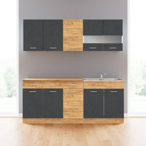 Cucina monoblocco 200 cm Erika in colore grigio matera e rovere con fianchi bianchi